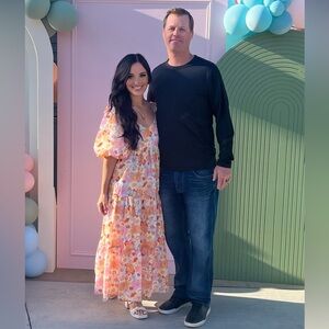 Floral Puff-Sleeve Maxi Dress in Peach & Pink